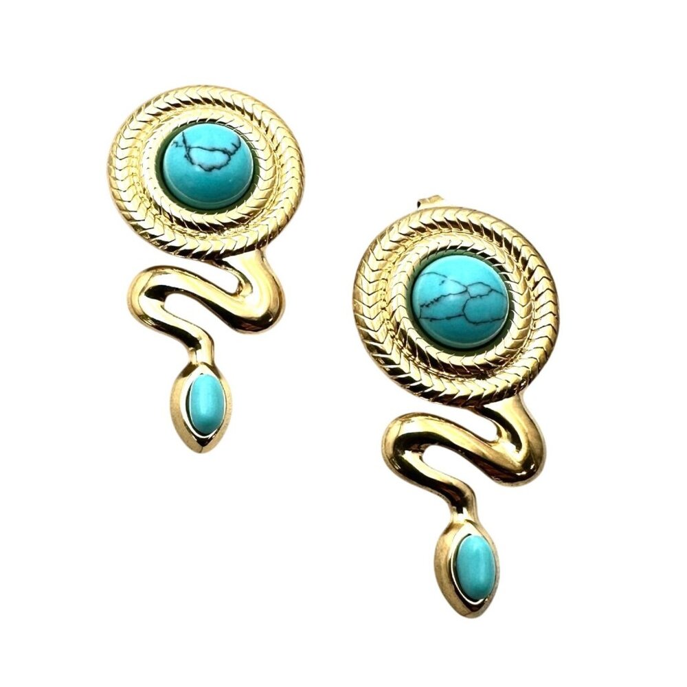 Blue Turquoise Snake Pierced Earrings Gold Plated Chandelier 1.5 Inch New